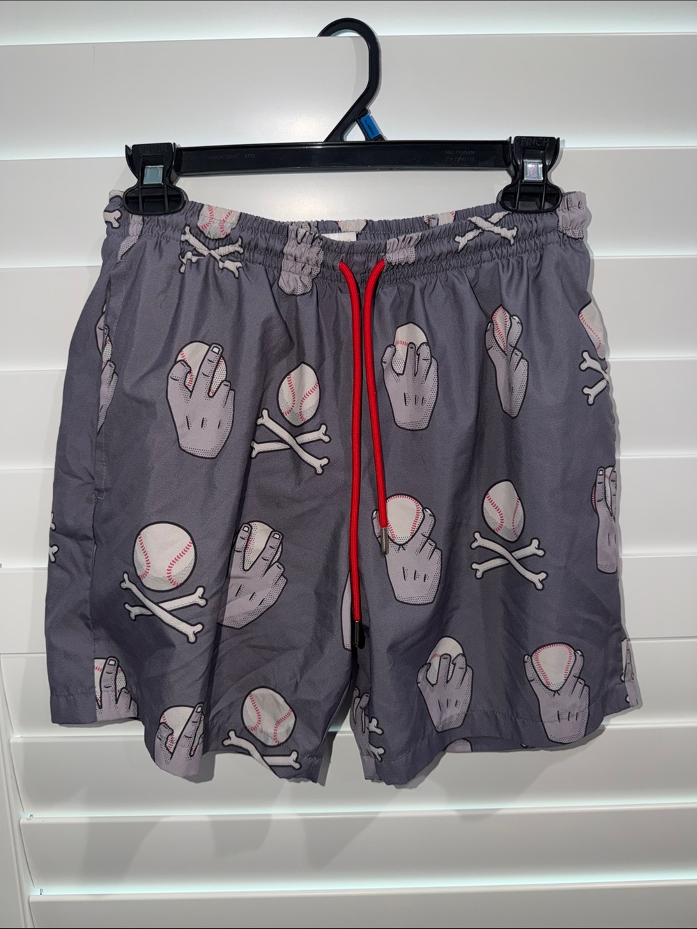 Men's Gray Baseball Print Swim Trunks with Red Drawstring-S